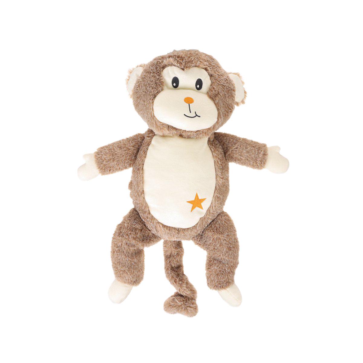 Monkey plush hot water bag with face and orange star on light belly