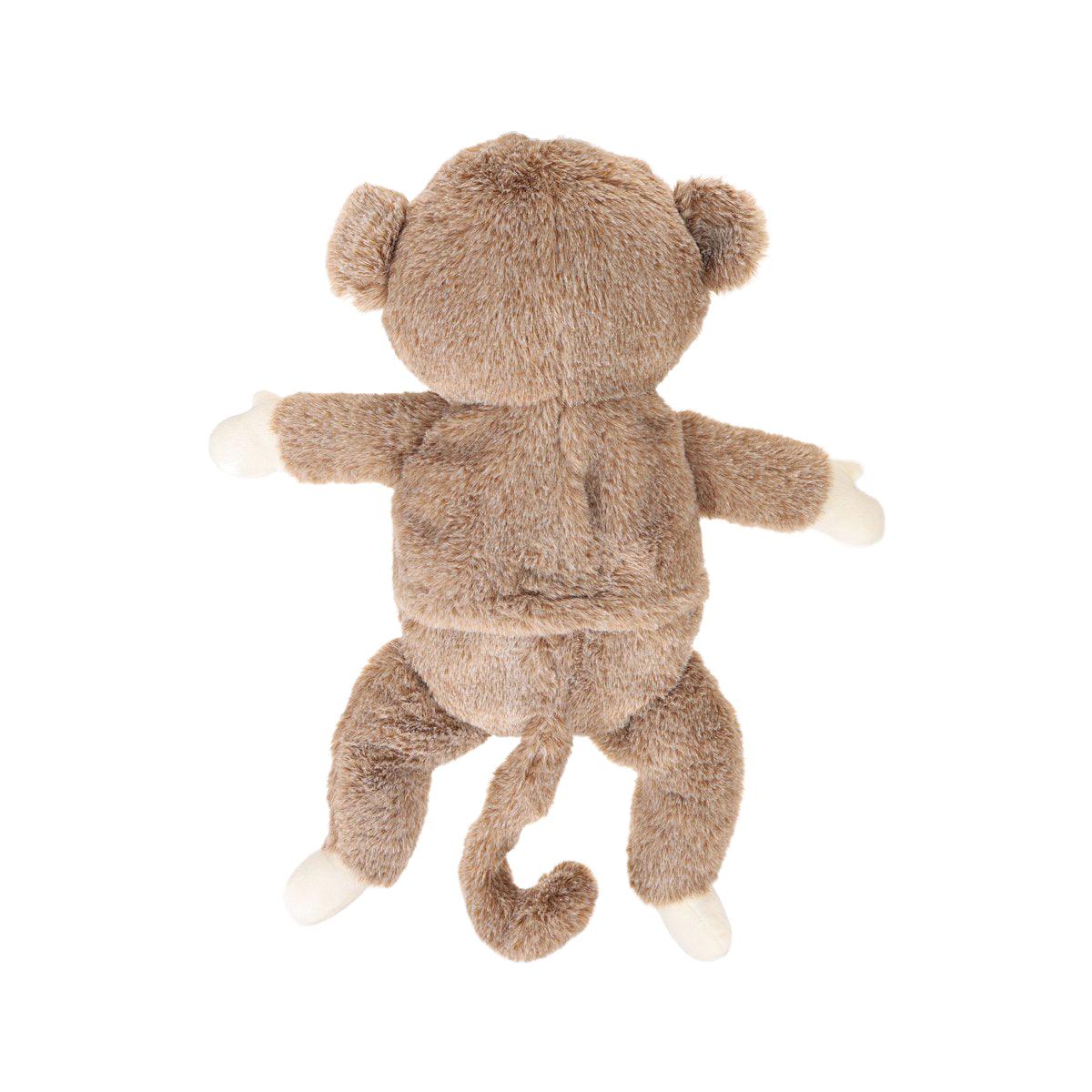Monkey plush hot water bag, brown fabric with back view and arms out