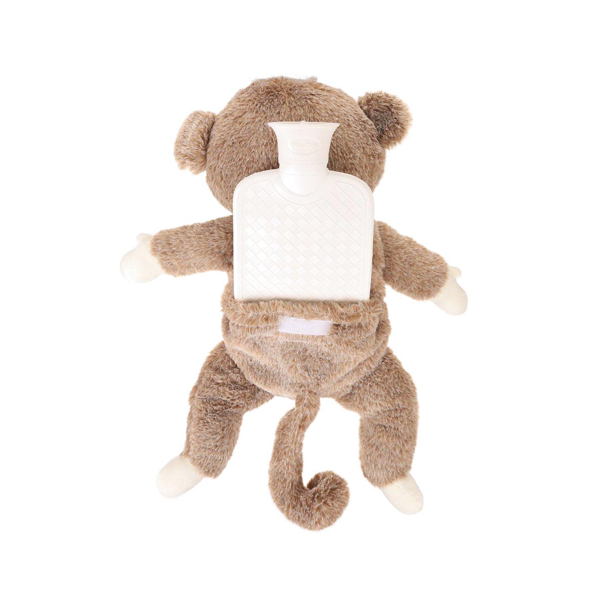 Monkey plush hot water bag showing white cover on belly and star detail