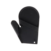 Black silicone oven mitt, left-hand design with thumb loop and hanging tab
