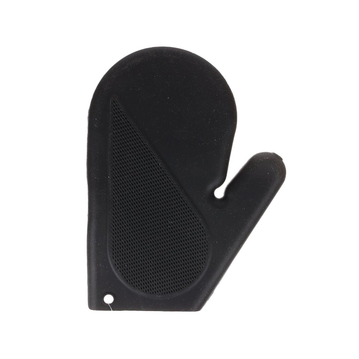 Black silicone oven mitt, left-hand palm with textured grip and hanging tab
