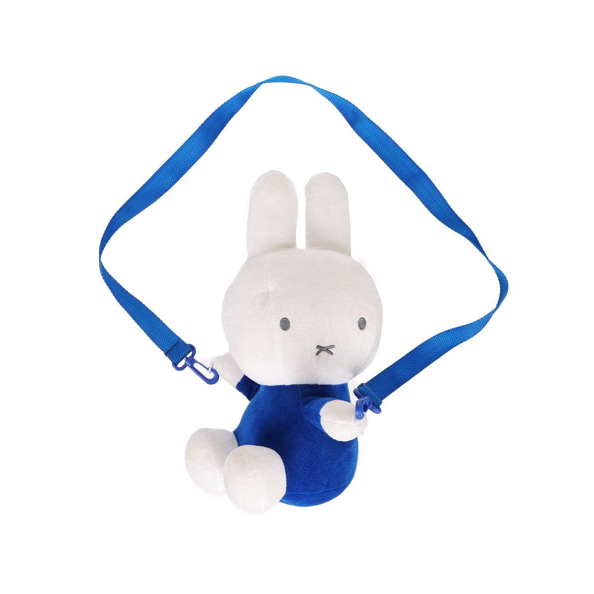 Plush crossbody bunny bag, blue strap with zipper and white-and-blue bunny plush front