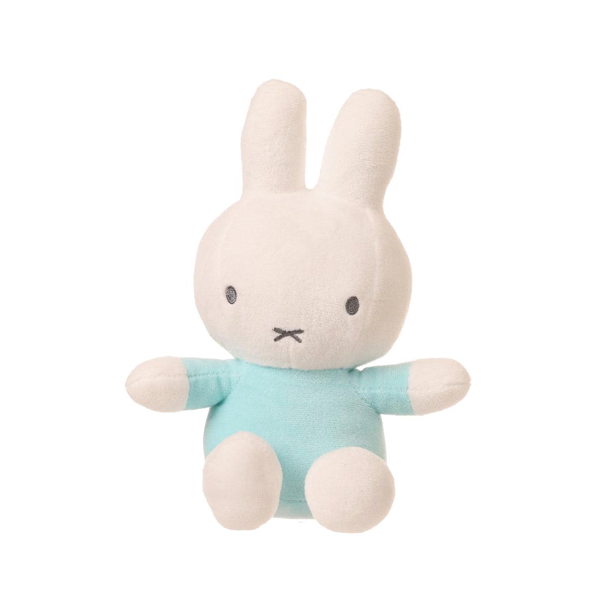 Plush bunny doll bag with light-blue outfit, white ears, and stitched face