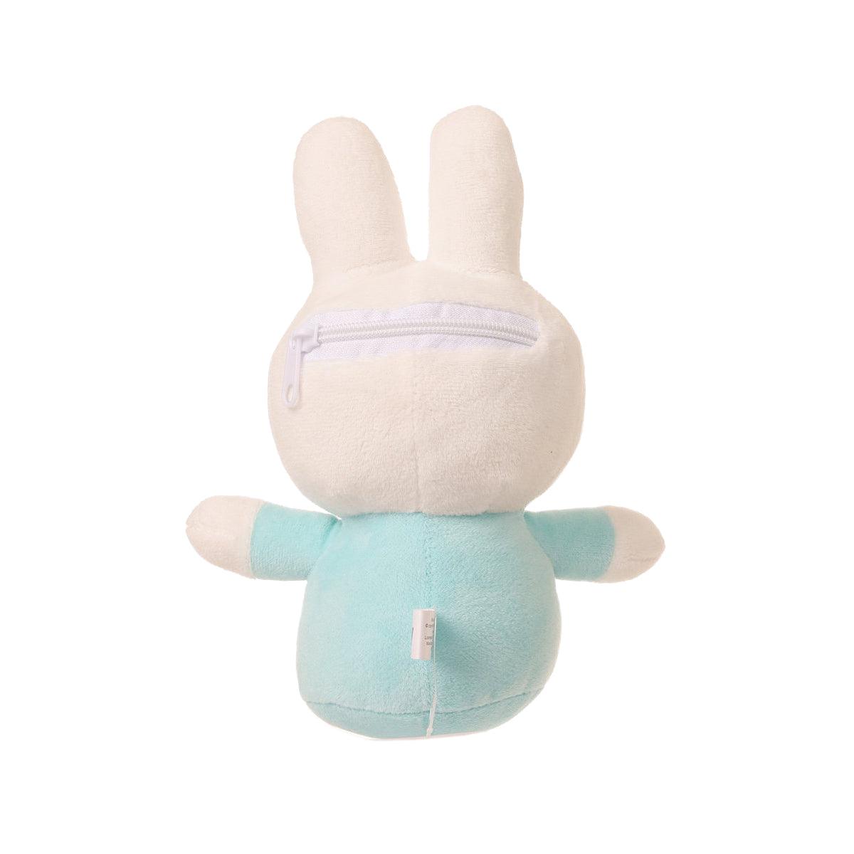 Plush bunny doll bag facing back with white zipper pouch and light-blue body