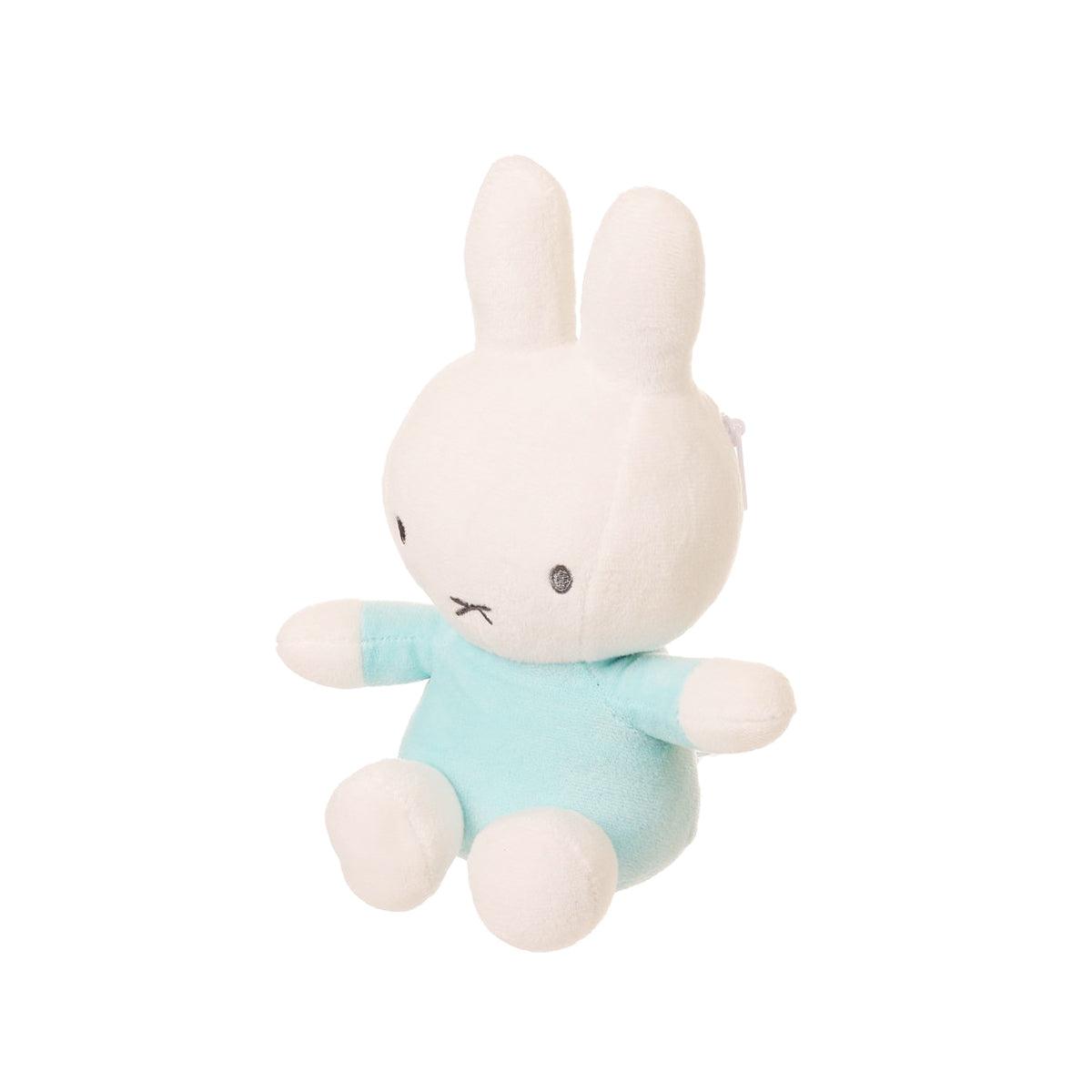 Plush bunny doll bag with light-blue outfit and embroidered front face