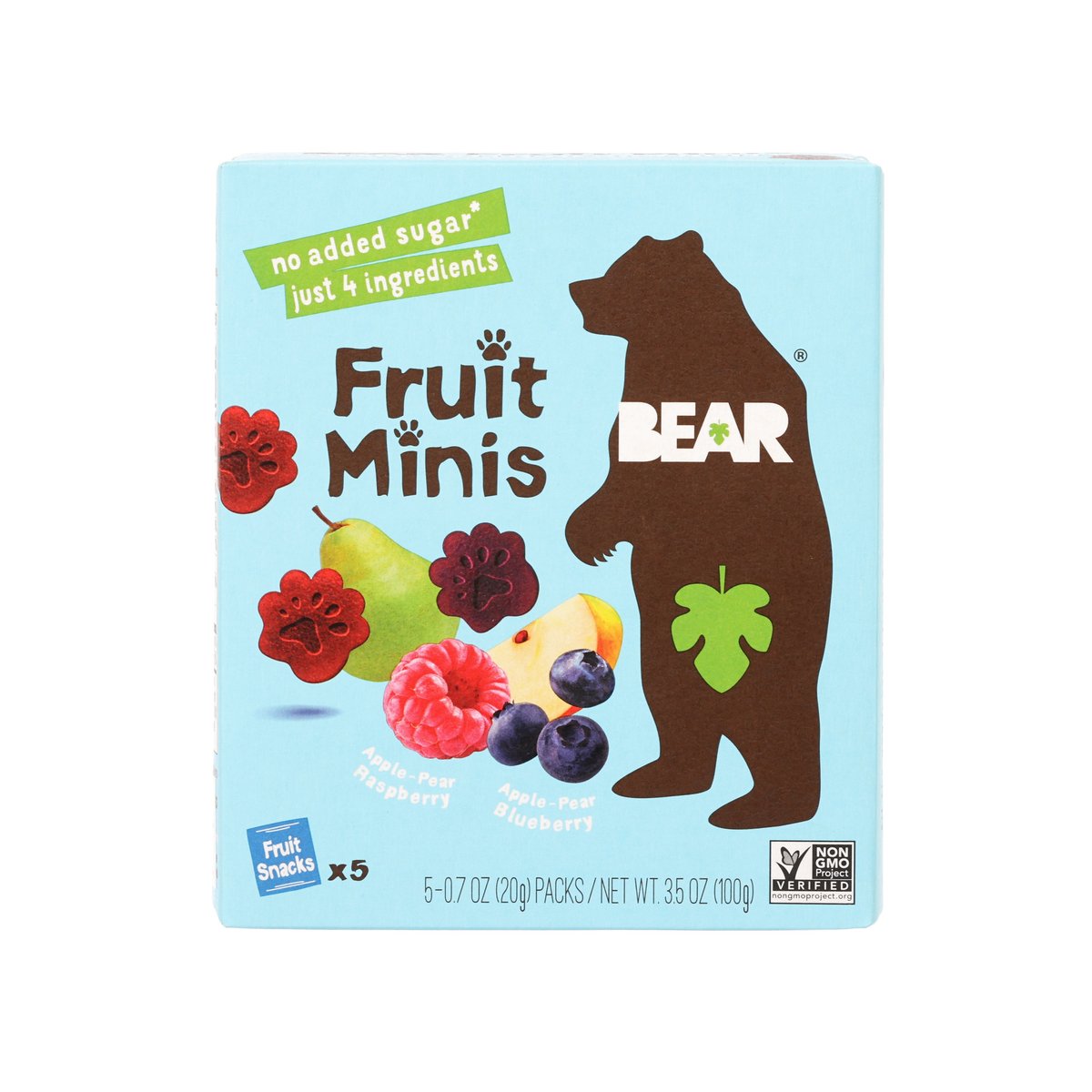 Fruit minis candy box with Bear logo, assorted fruit flavors, no added sugar label