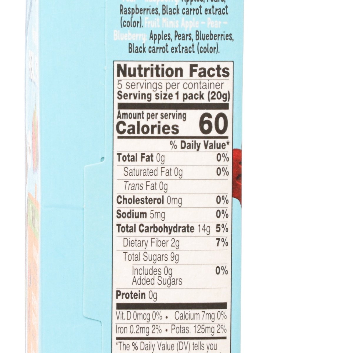 Nutrition facts panel for fruit minis candy, 60 calories per serving
