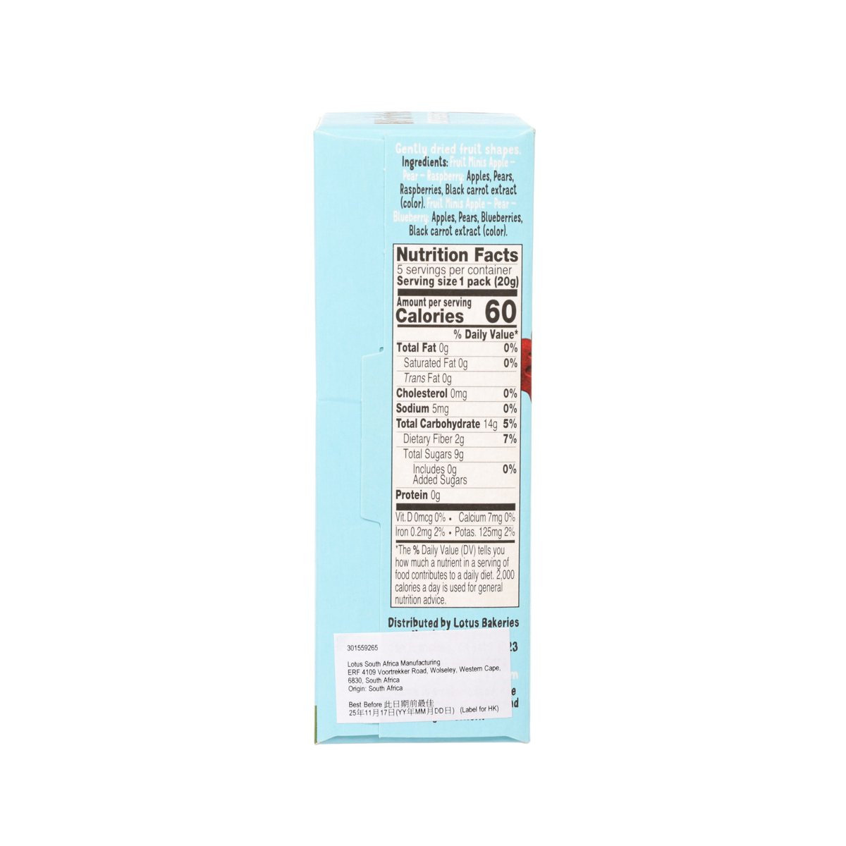Fruit minis candy box back panel with nutrition facts and ingredients