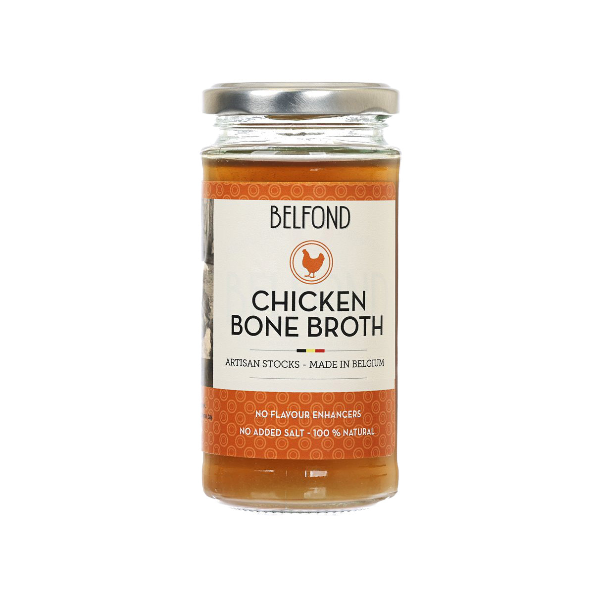 BELFOND chicken bone broth bottle, 240 mL, amber liquid with front label