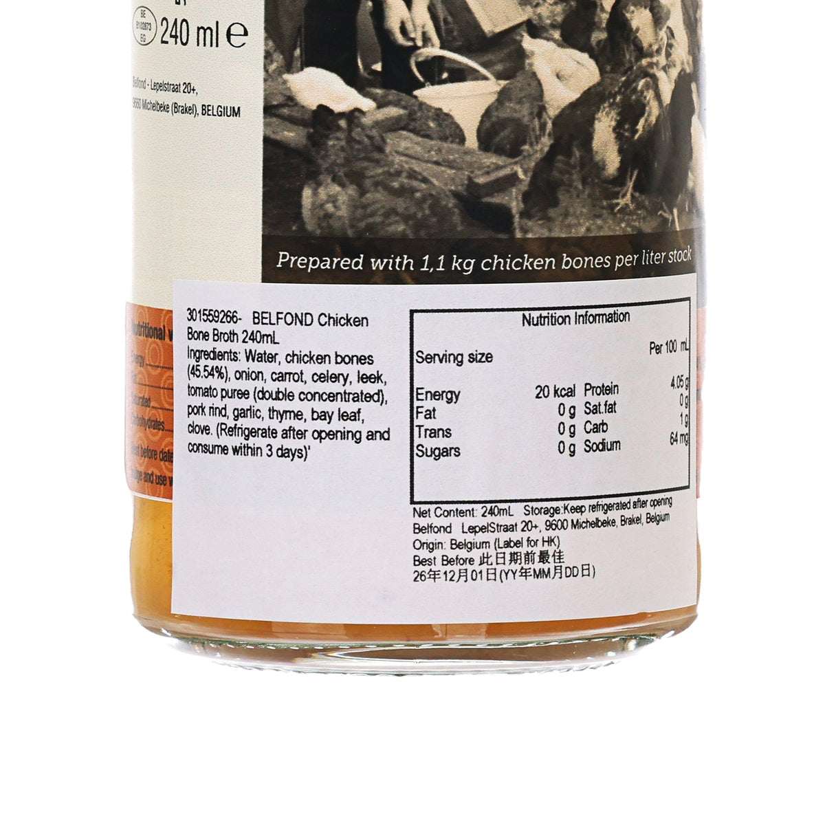 BELFOND chicken bone broth bottle label with nutrition facts, 240 mL