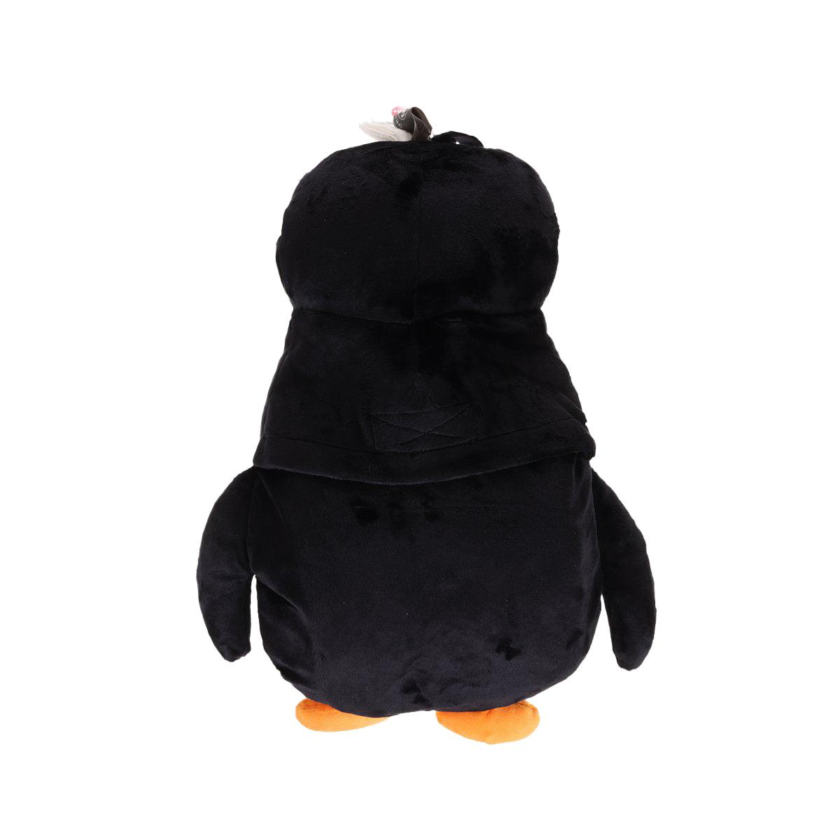 Cuddly penguin hot water bottle cover, plush black with rounded back