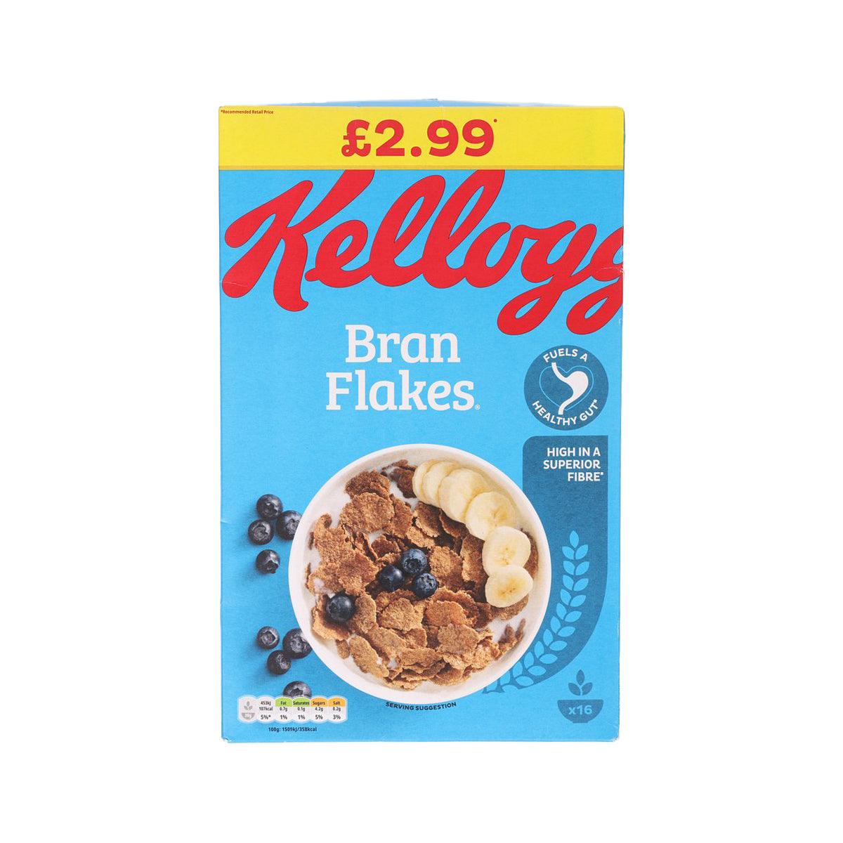 KELLOGG'S Bran Flakes cereal box, blue with bowl of bran flakes, banana & berries