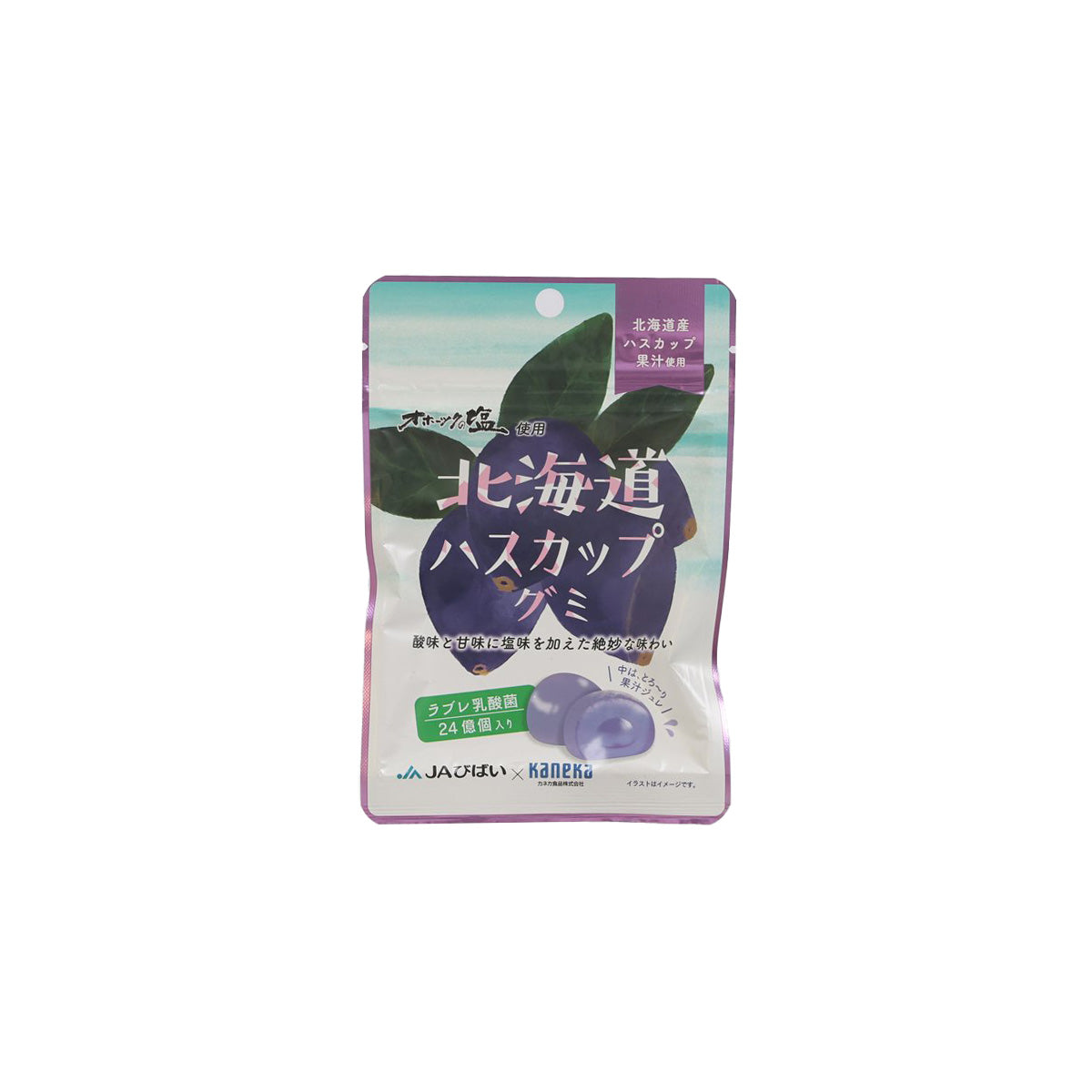 KANEKA Hokkaido haskap gummy pouch, 40g, purple-blue front with berry illustration
