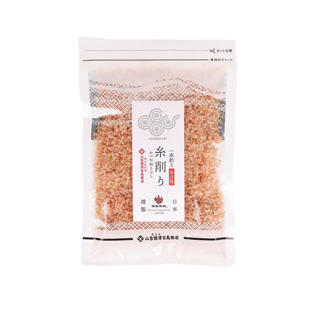 Thin shredded dried bonito flakes pouch, orange-brown flakes visible