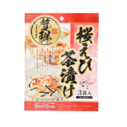 Sakura shrimp chazuke topping packet, red and pink with seafood topping illustration