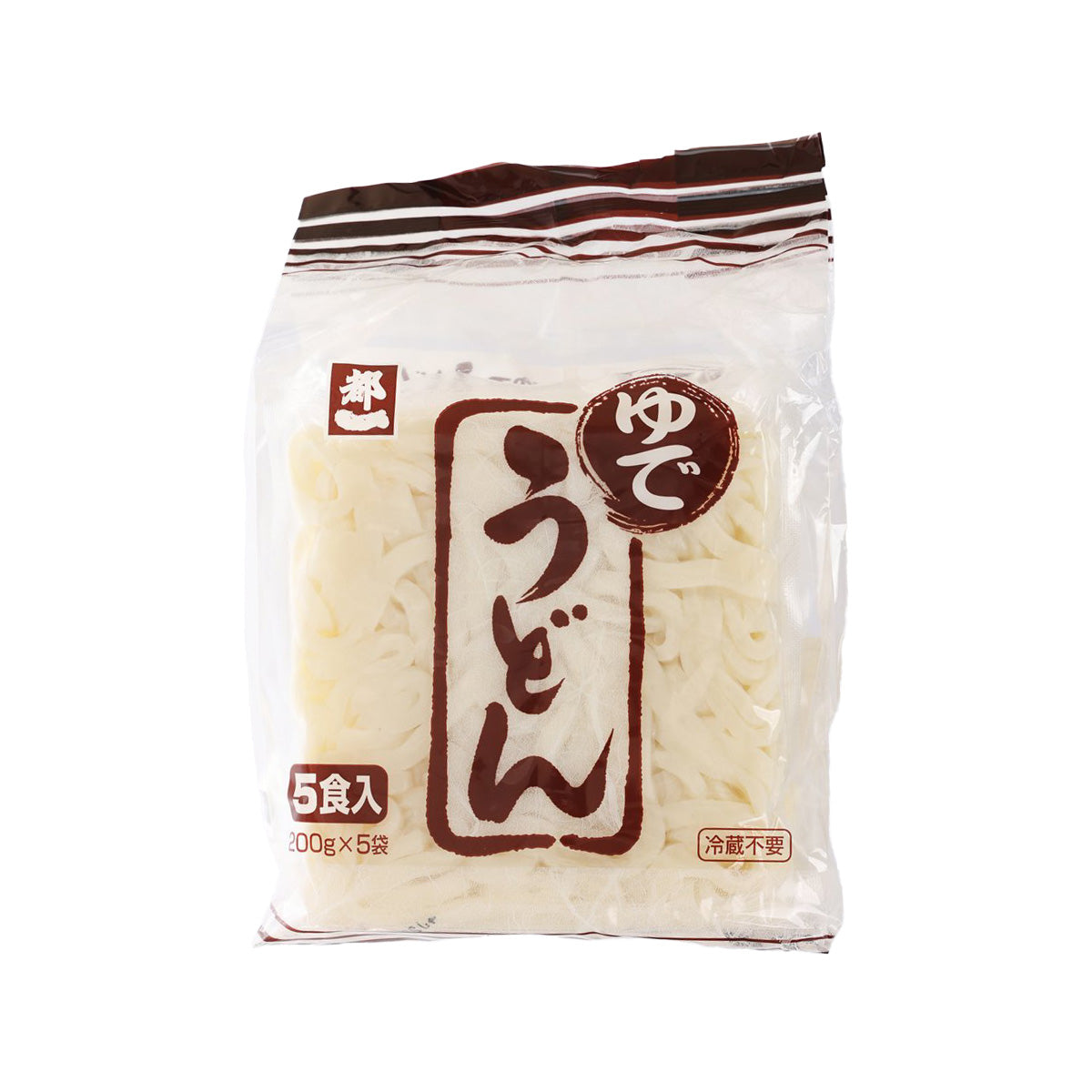 Udon noodle pouch, white package with Japanese text and 5-serving label