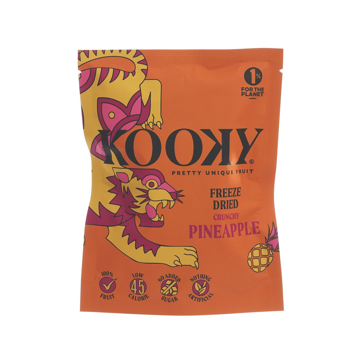 Orange freeze-dried pineapple snack pouch with cartoon pineapple graphics