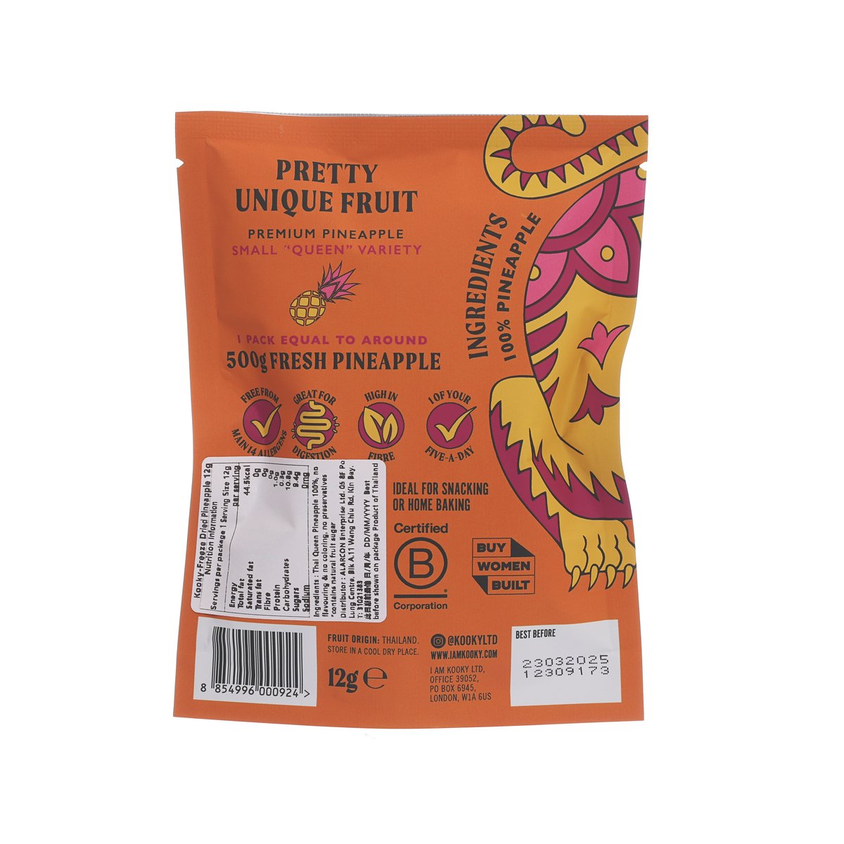 Back of orange freeze-dried pineapple snack pouch with barcode and details