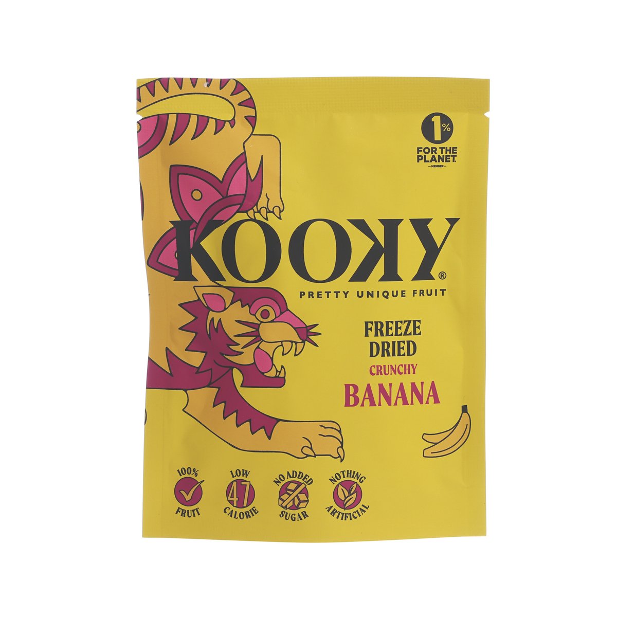 KOOKY freeze-dried banana snack pouch, yellow standing bag with bold logo