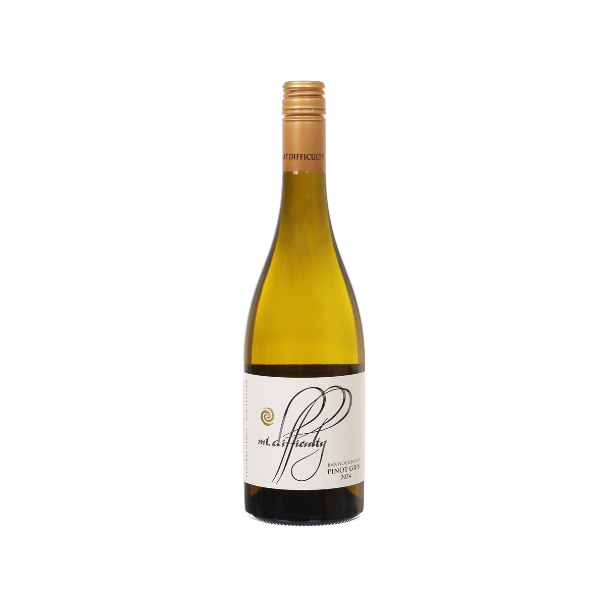 MT DIFFICULTY Pinot Gris wine bottle with front label on gold glass