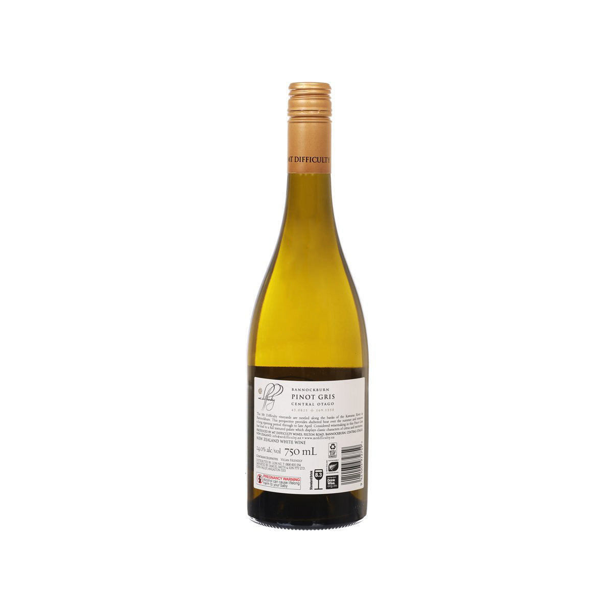 MT DIFFICULTY Pinot Gris wine bottle with back label on gold glass