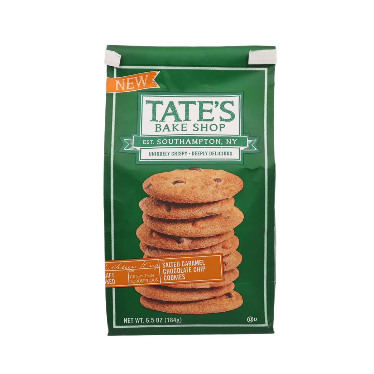 Salted caramel chocolate chip cookies pouch, green package with stacked cookie graphic
