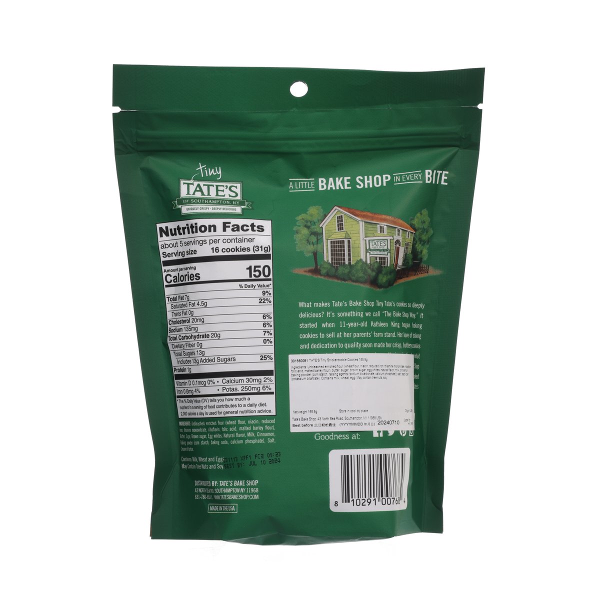 TATE'S Tiny Snickerdoodle cookies pouch, back panel with barcode and nutrition info