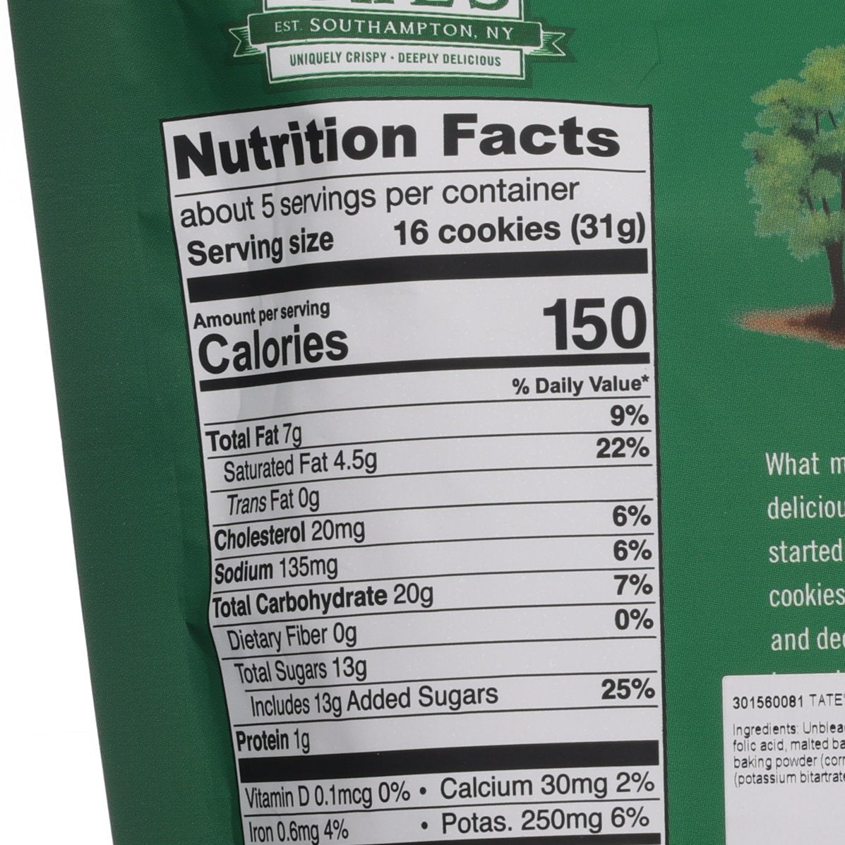 Nutrition Facts label on TATE'S Tiny Snickerdoodle cookies pouch, 150 calories