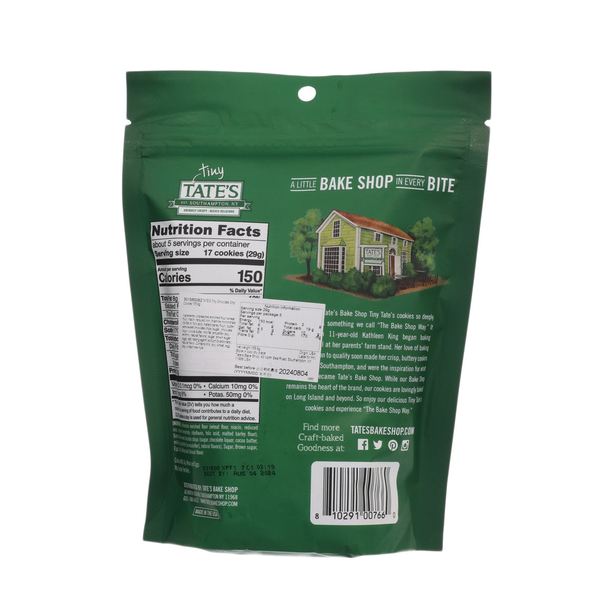 Chocolate chip cookies back of green TATE'S resealable pouch, nutrition facts panel