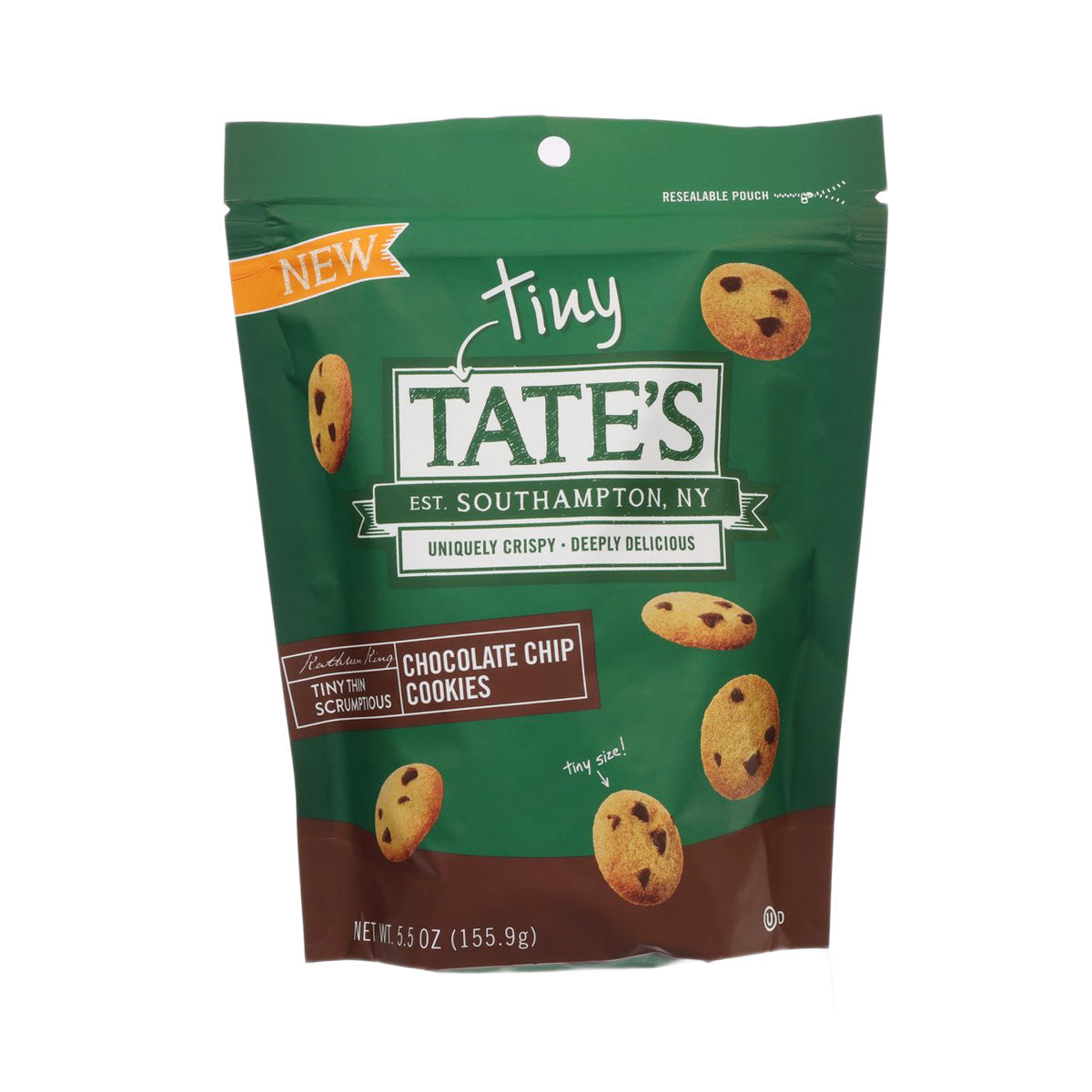 Chocolate chip cookies in green TATE'S resealable pouch with cookie graphics