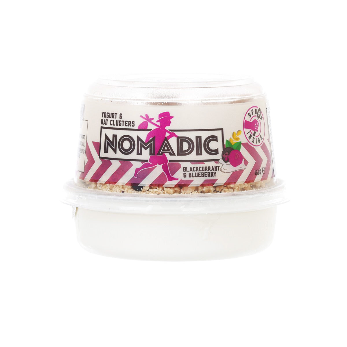 Yogurt oat clusters tub viewed from side, clear lid and pink NOMADIC label