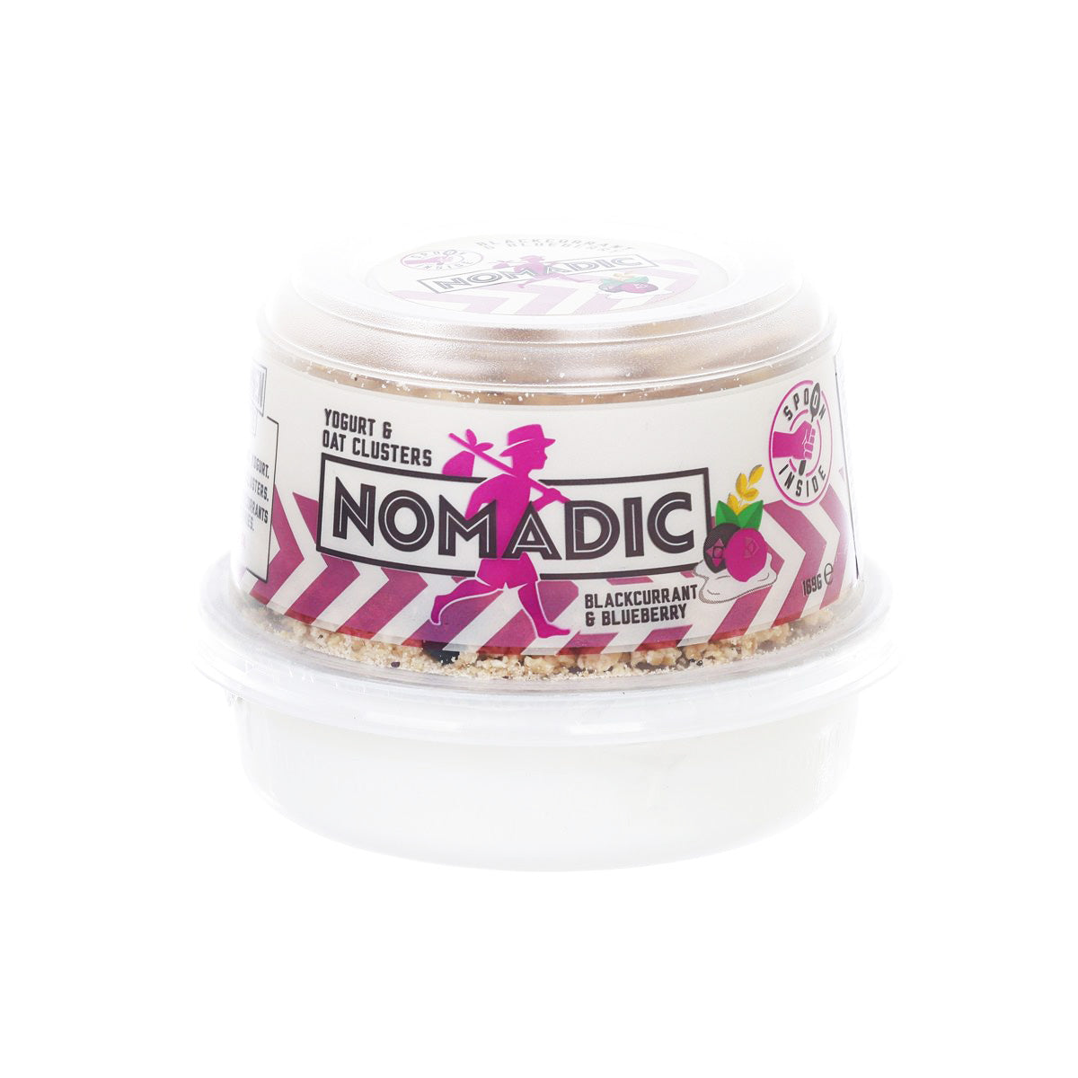 Yogurt oat clusters tub with clear lid and pink NOMADIC label, blackcurrant & blueberry