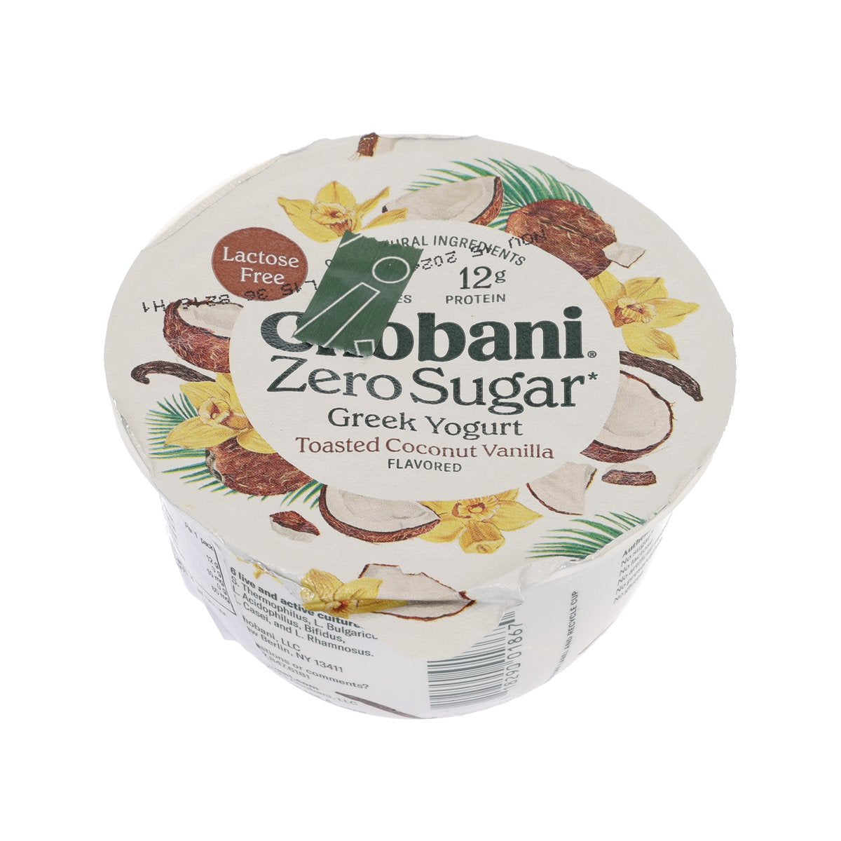 CHOBANI Zero Sugar Greek yogurt tub with toasted coconut vanilla flavor label