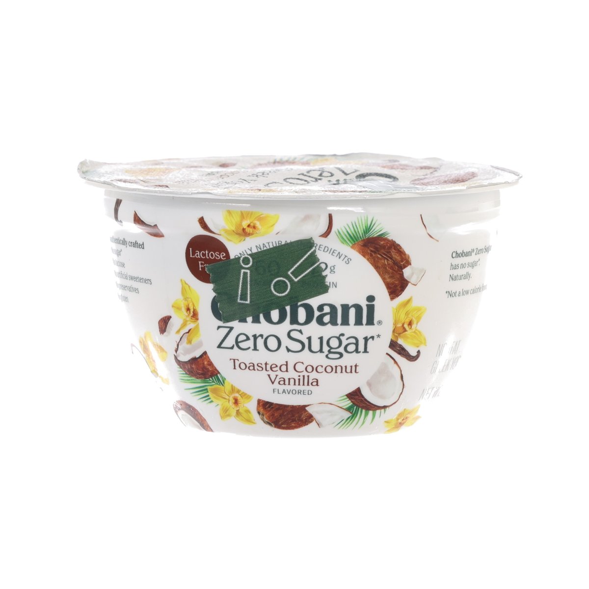 CHOBANI Zero Sugar Greek yogurt cup with toasted coconut vanilla flavor and lid