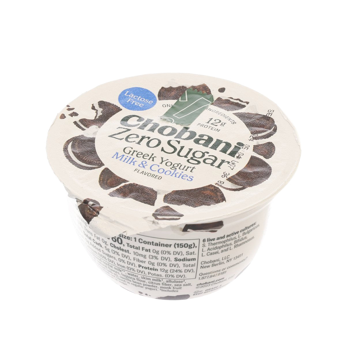 CHOBANI Zero Sugar Greek yogurt cup showing ingredients and nutrition panel