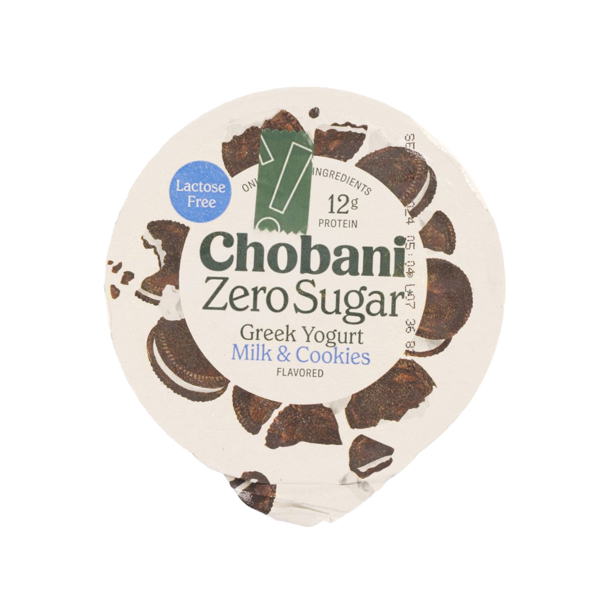 CHOBANI Zero Sugar Greek yogurt cup with Milk & Cookies flavor label