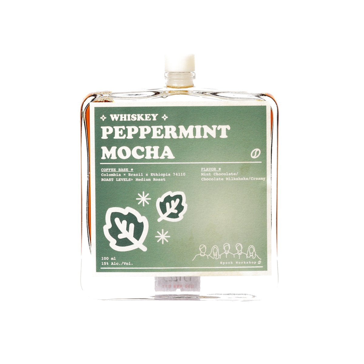 Whiskey cocktail bottle labeled Peppermint Mocha, clear glass with amber liquid