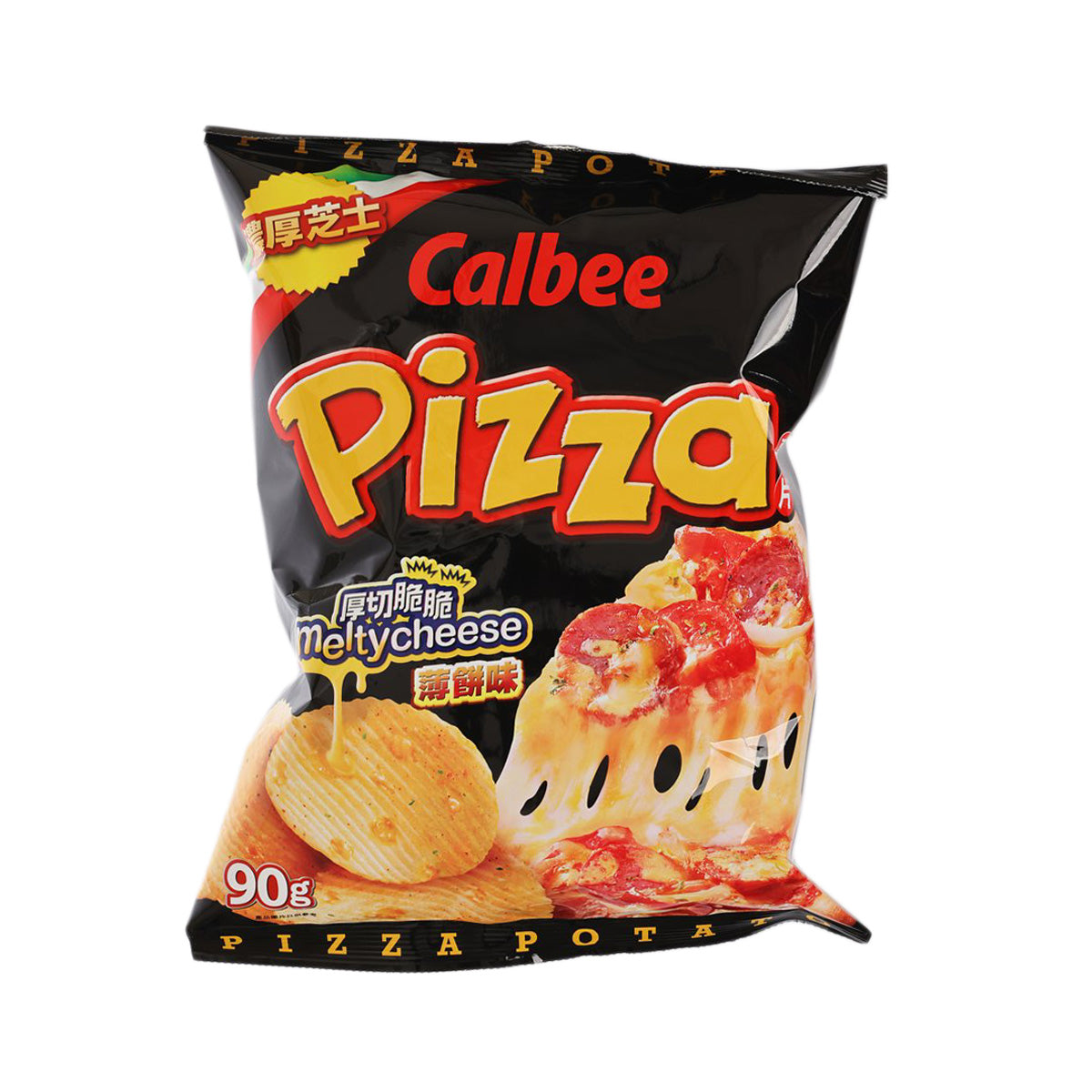 Calbee Pizza-flavoured potato chips bag, black pack with Pizza logo and cheese graphic