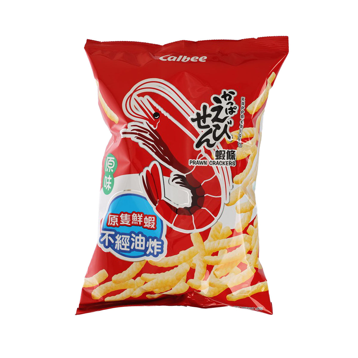 CALBEE prawn cracker bag, red and yellow front with snack design
