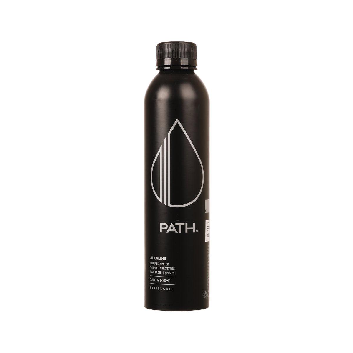 PATHWATER alkaline water bottle, black with screw cap; front PATH logo label