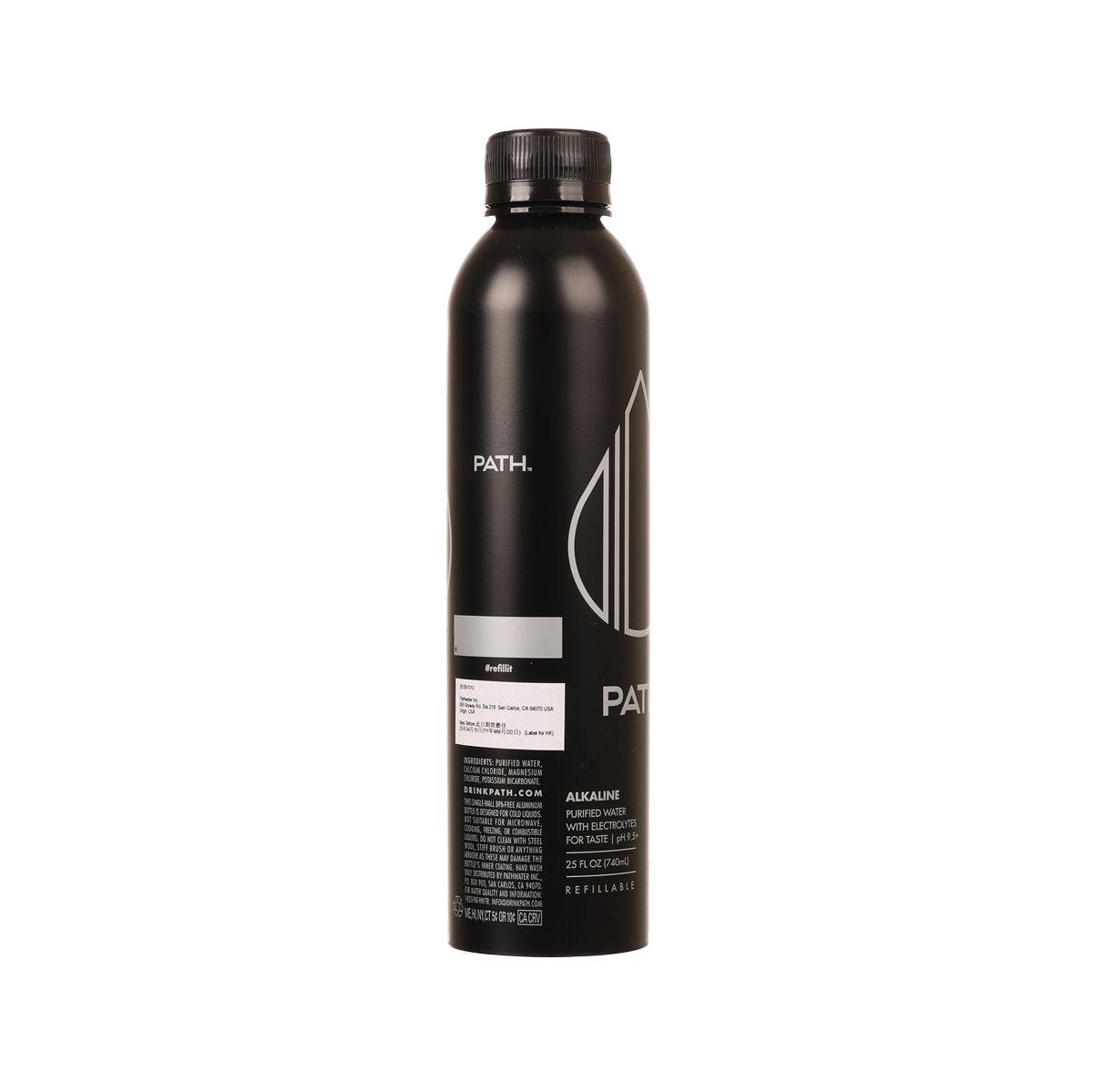 PATHWATER alkaline water bottle, black; back label with ingredients and barcode