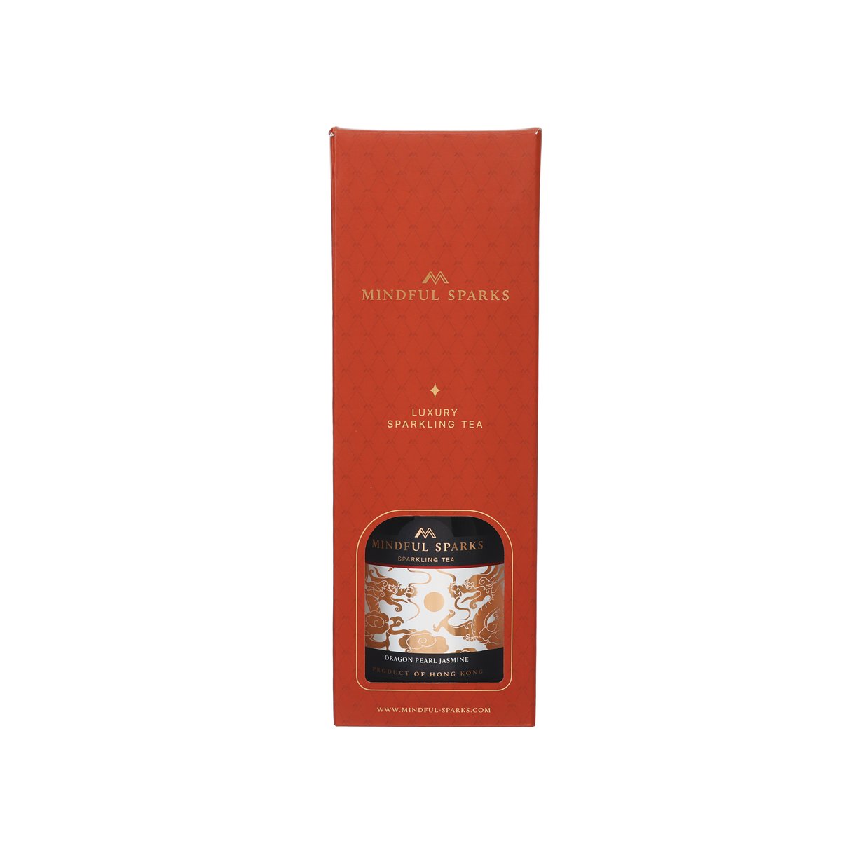 Sparkling tea gift box, red carton with brand label and product window graphic
