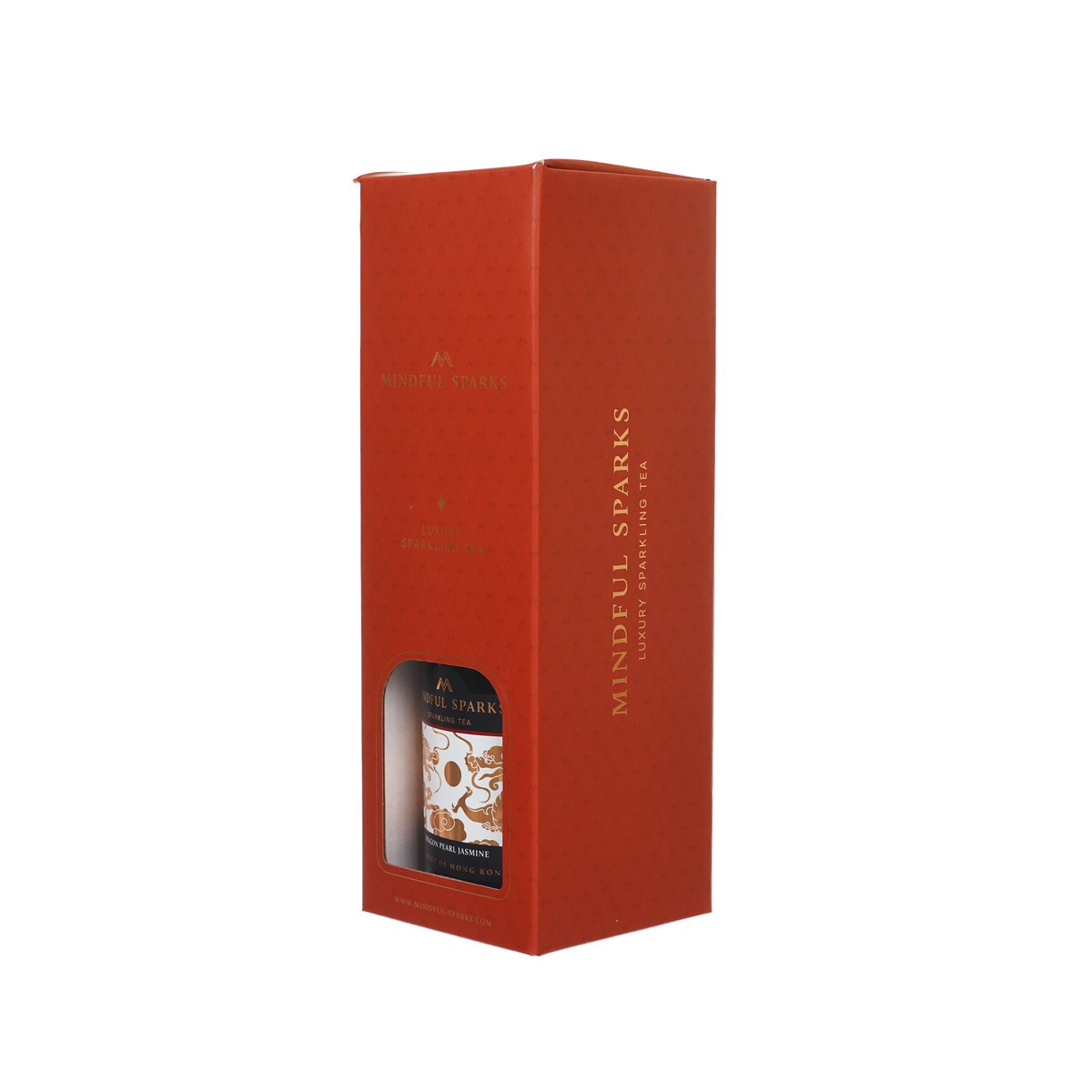 Sparkling tea gift box, red carton shown at angle with side branding