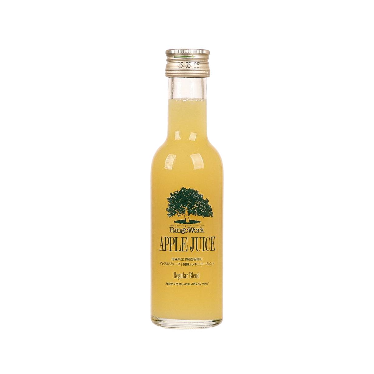 RINGOWORK apple juice bottle, clear glass with gold label and metal cap.