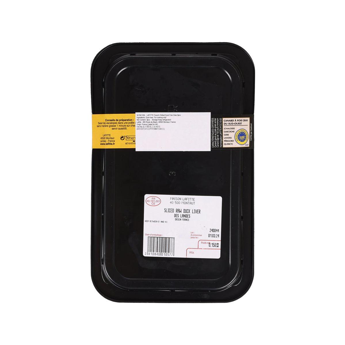 Black tray of chilled duck foie gras with label and seal on the back
