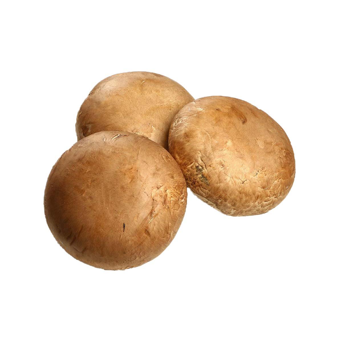Daikoku shimeji mushrooms pack, three tan-brown caps with textured surfaces