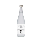 Sake bottle with clear glass body, gold cap, and Earth Science CHIKURIN label