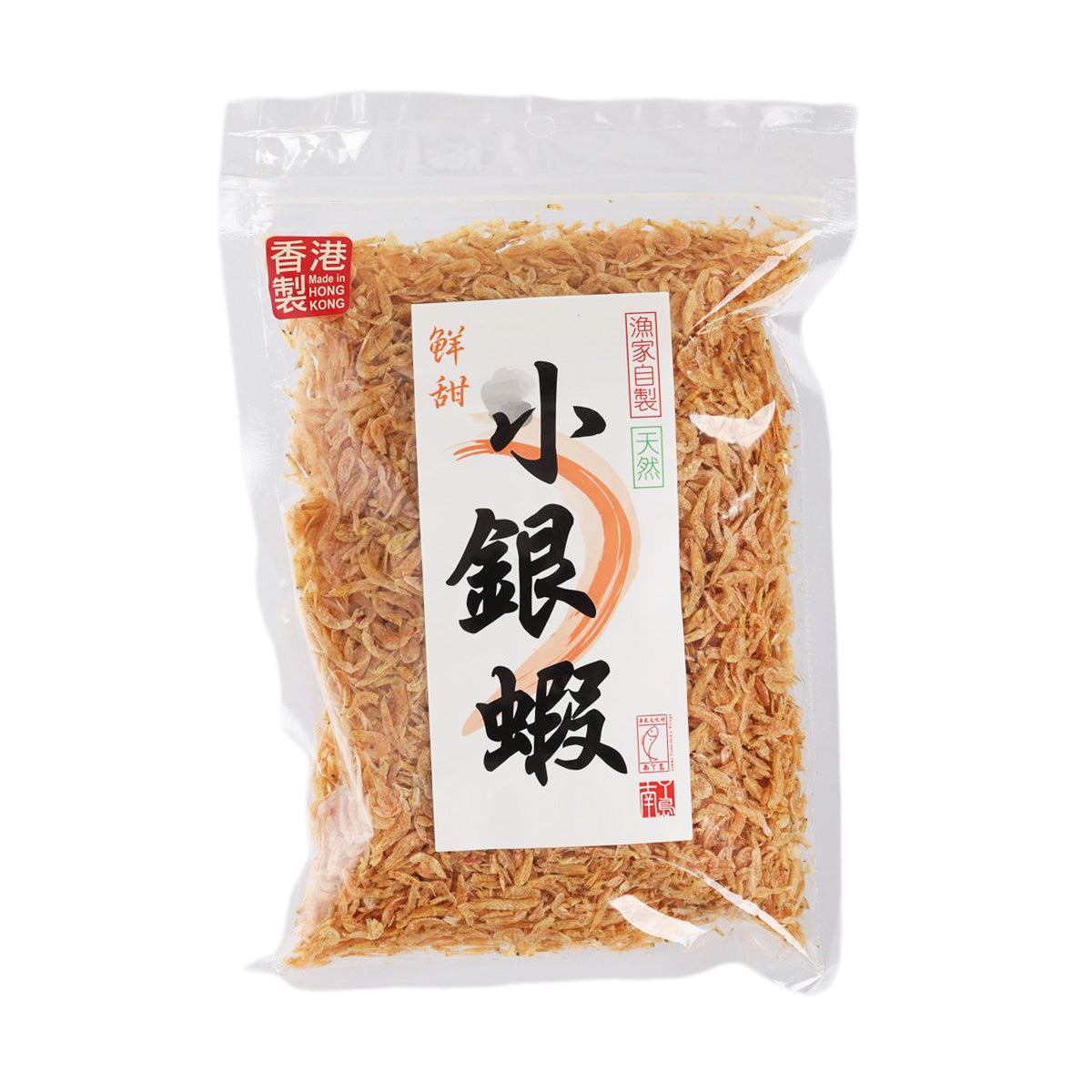 Dried silver shrimp in clear resealable plastic bag with front label