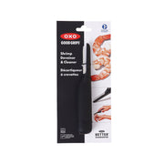 Black shrimp deveiner and cleaner tool with long slim handle, in retail packaging