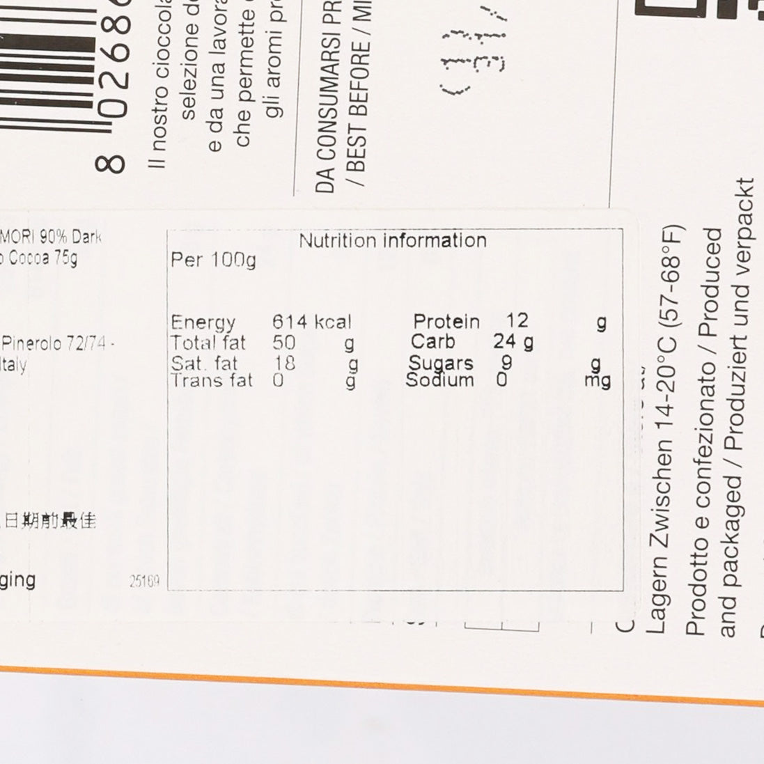 DOMORI 90% dark chocolate nutrition information panel, 75g